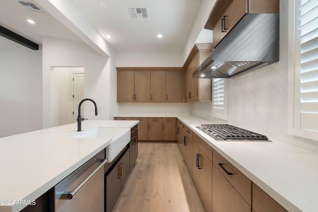 kitchen with visible vents, stainless steel appliances, light countertops, and exhaust hood