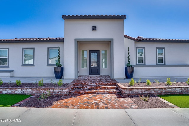 view of exterior entry with stucco siding