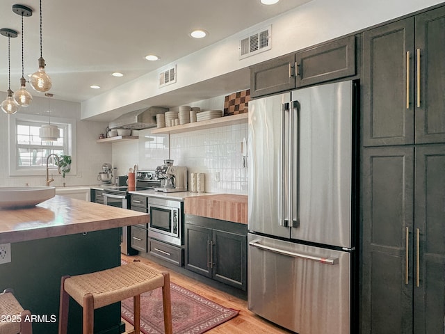 kitchen featuring tasteful backsplash, wall chimney range hood, wooden counters, and appliances with stainless steel finishes