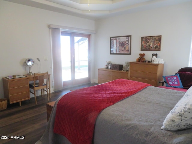 bedroom featuring a raised ceiling and wood finished floors