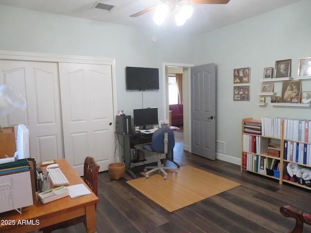 office area with a ceiling fan, visible vents, baseboards, and wood finished floors