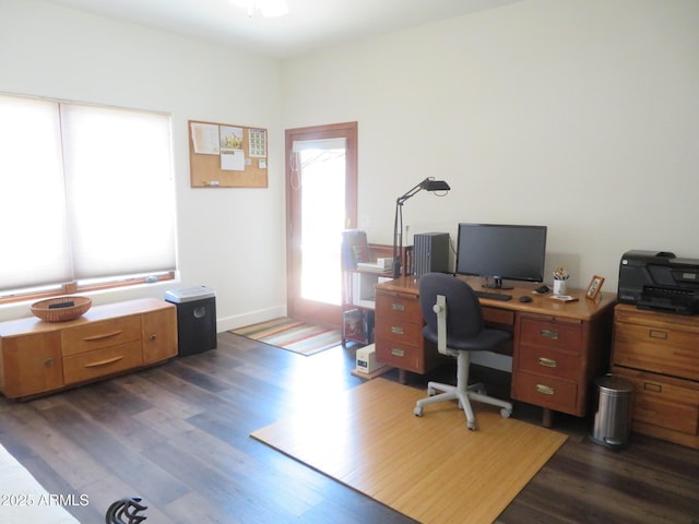 office with dark wood-style flooring and baseboards