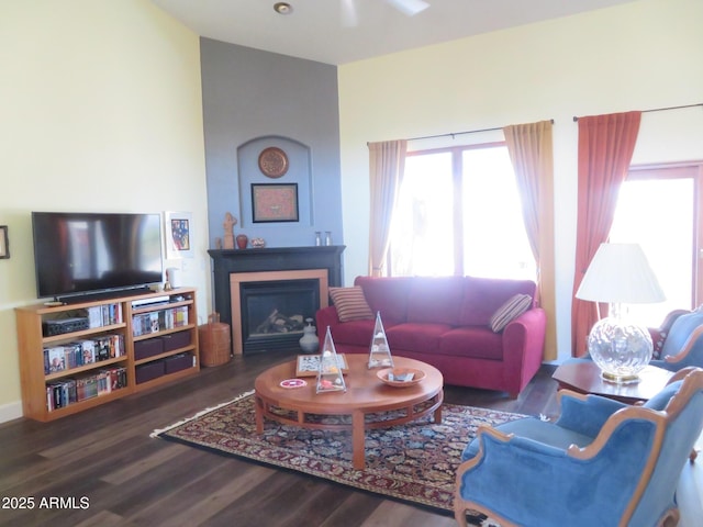 living area with a fireplace and wood finished floors