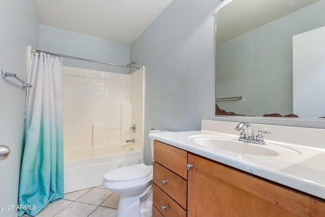 full bathroom with tile patterned flooring, vanity, toilet, and shower / bath combo with shower curtain