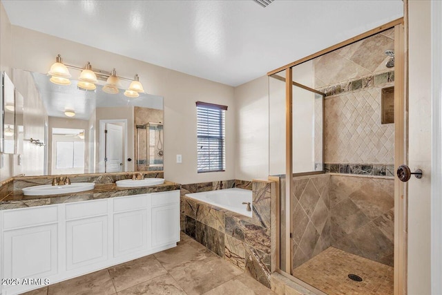 bathroom with vanity and plus walk in shower