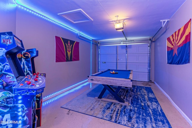 playroom with a garage, billiards, baseboards, and speckled floor