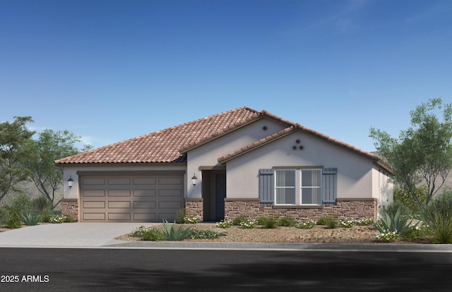 mediterranean / spanish-style house with an attached garage, concrete driveway, stone siding, and stucco siding