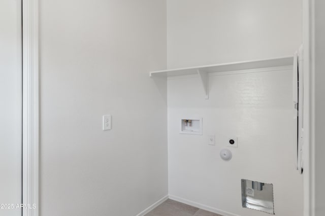 washroom featuring laundry area, baseboards, gas dryer hookup, hookup for an electric dryer, and washer hookup