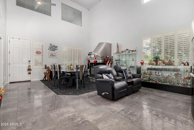 living room featuring a high ceiling