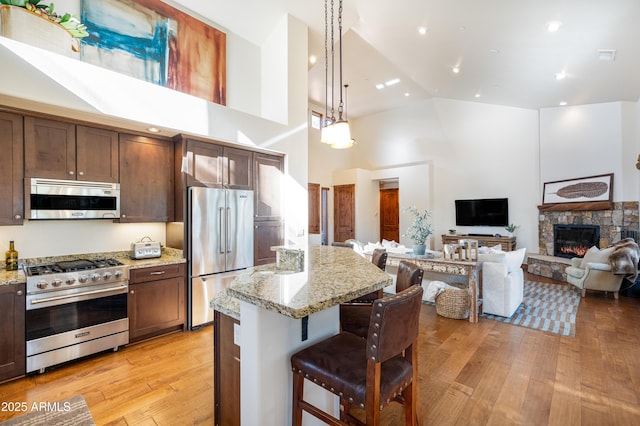 kitchen with high vaulted ceiling, a fireplace, light wood-style floors, a kitchen breakfast bar, and appliances with stainless steel finishes