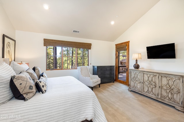 bedroom featuring visible vents, light colored carpet, access to outside, high vaulted ceiling, and recessed lighting