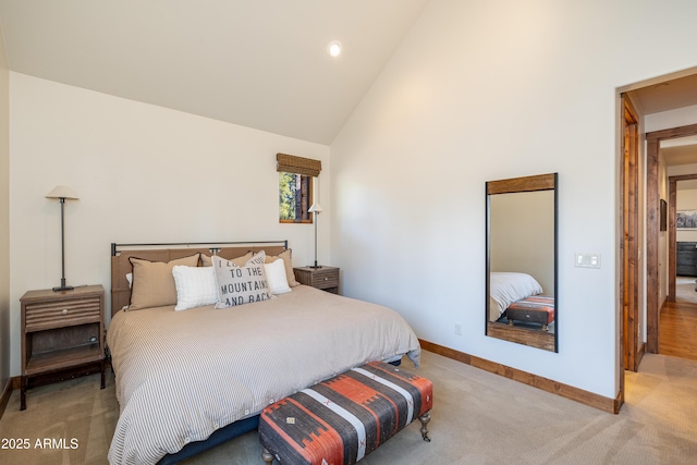 carpeted bedroom featuring high vaulted ceiling, recessed lighting, and baseboards