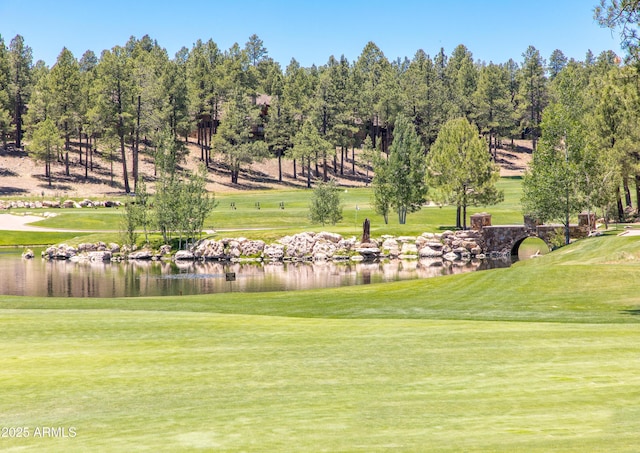 view of home's community featuring a water view, golf course view, and a yard