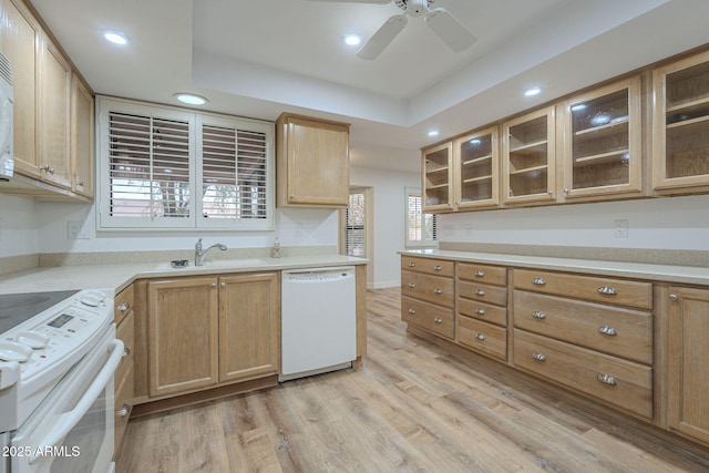 kitchen with sink, ceiling fan, a tray ceiling, white appliances, and light hardwood / wood-style flooring