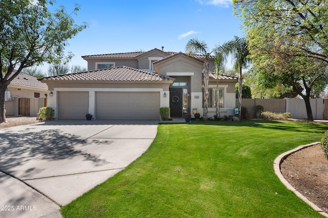 mediterranean / spanish-style house with a garage, fence, a front lawn, and stucco siding