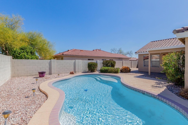 view of swimming pool with a fenced in pool, a fenced backyard, and a patio area