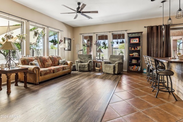 living room with ceiling fan