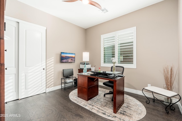 5428 E Windstone Trl, Cave Creek, AZ 85331 - office with baseboards, a ceiling fan, and dark wood-style floors