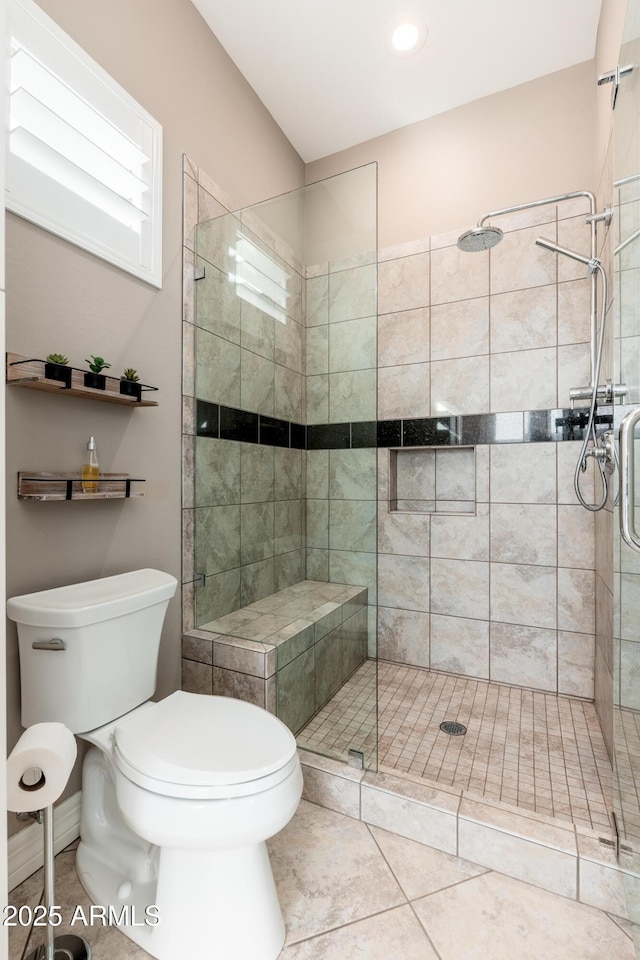 5428 E Windstone Trl, Cave Creek, AZ 85331 - bathroom with toilet, a stall shower, tile patterned floors, and recessed lighting