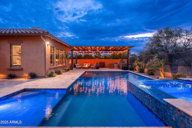 5428 E Windstone Trl, Cave Creek, AZ 85331 - pool at dusk featuring a pergola, a fenced backyard, a patio area, and a pool with connected hot tub