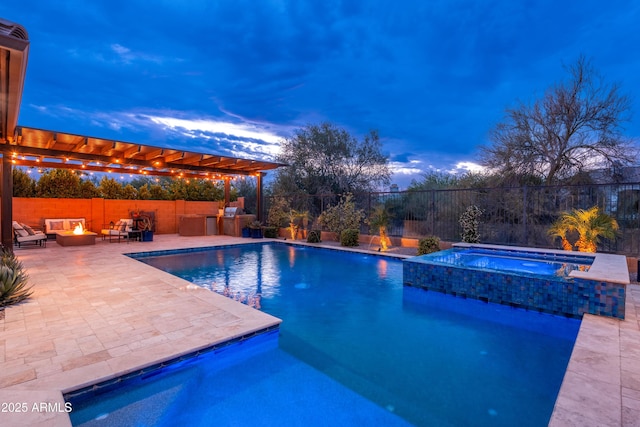 5428 E Windstone Trl, Cave Creek, AZ 85331 - view of pool with an outdoor fire pit, a patio area, an outdoor kitchen, and a pool with connected hot tub
