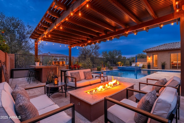 5428 E Windstone Trl, Cave Creek, AZ 85331 - fenced backyard with an outdoor living space with a fire pit, a pool with connected hot tub, and a patio