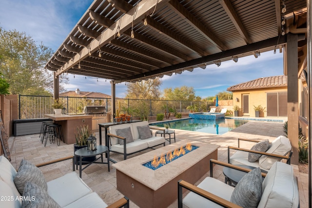 5428 E Windstone Trl, Cave Creek, AZ 85331 - view of patio / terrace with an outdoor living space with a fire pit and a pool with connected hot tub