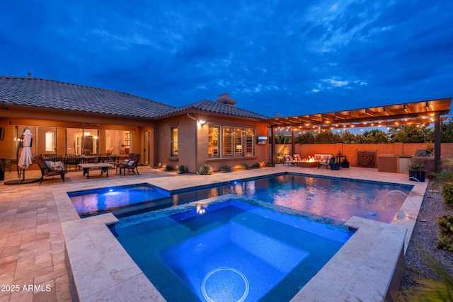 5428 E Windstone Trl, Cave Creek, AZ 85331 - view of swimming pool with a pool with connected hot tub, a patio area, an outdoor living space, and area for grilling