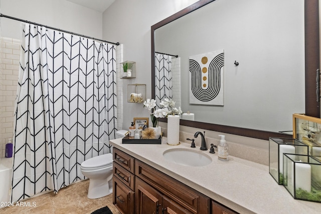 1409 E Dove Pl, Casa Grande, AZ 85122 - bathroom featuring vanity, toilet, shower / tub combo with curtain, and tile patterned flooring