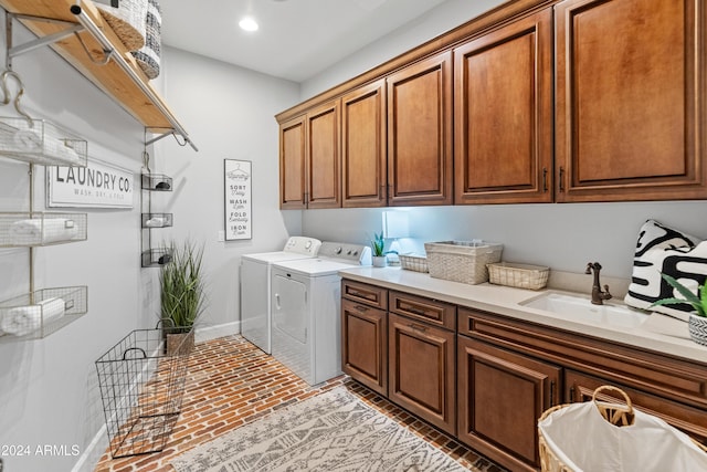 1409 E Dove Pl, Casa Grande, AZ 85122 - washroom with cabinet space, washer and clothes dryer, brick floors, baseboards, and recessed lighting
