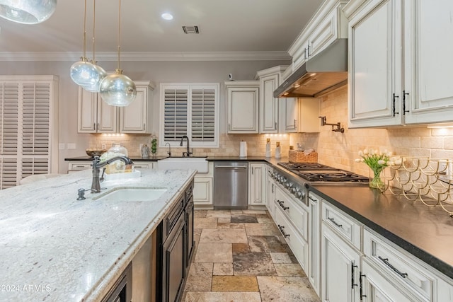 1409 E Dove Pl, Casa Grande, AZ 85122 - kitchen featuring a sink, appliances with stainless steel finishes, stone tile flooring, decorative backsplash, and ornamental molding