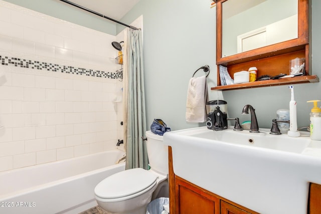 full bathroom with toilet, vanity, and shower / bath combination with curtain