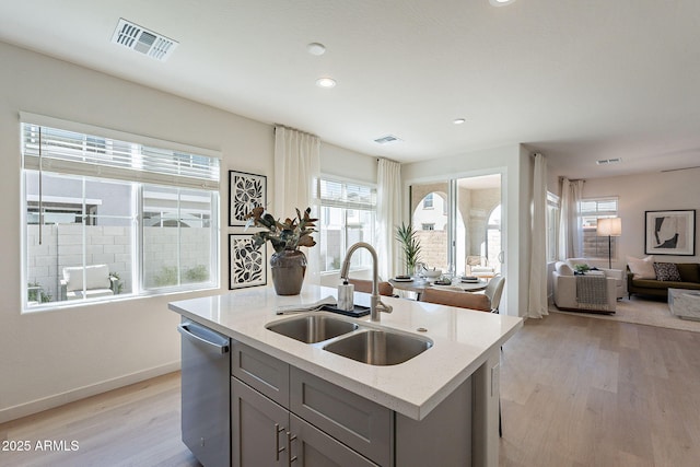 kitchen with visible vents, open floor plan, dishwasher, light wood-type flooring, and a sink