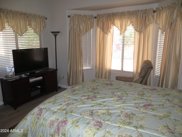 bedroom with dark hardwood / wood-style floors