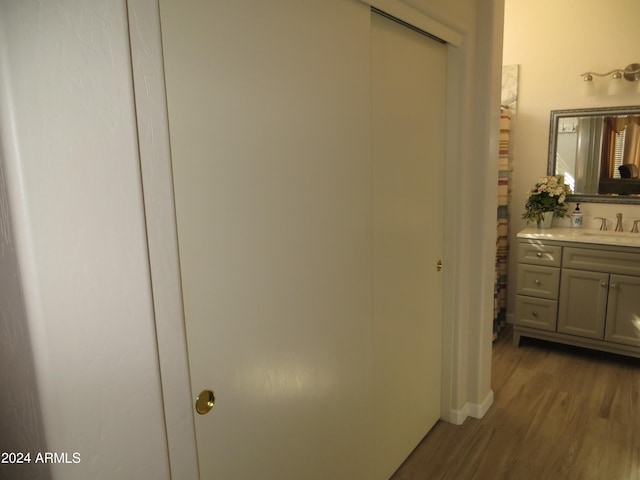 hall with sink and light wood-type flooring