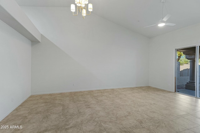 spare room with lofted ceiling, baseboards, and ceiling fan with notable chandelier