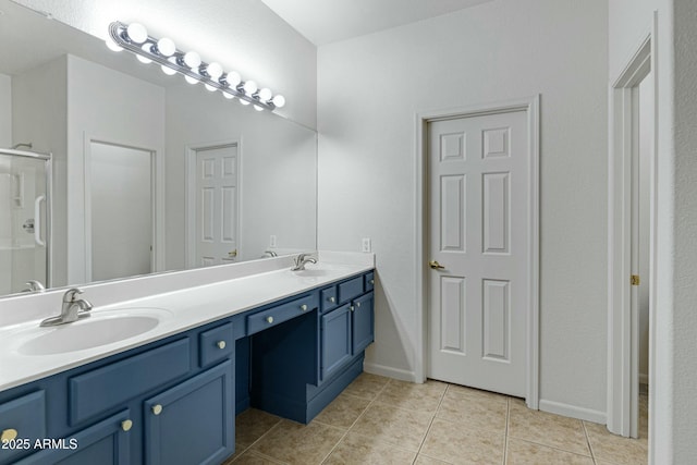 bathroom featuring tile patterned flooring, a sink, a shower stall, and double vanity