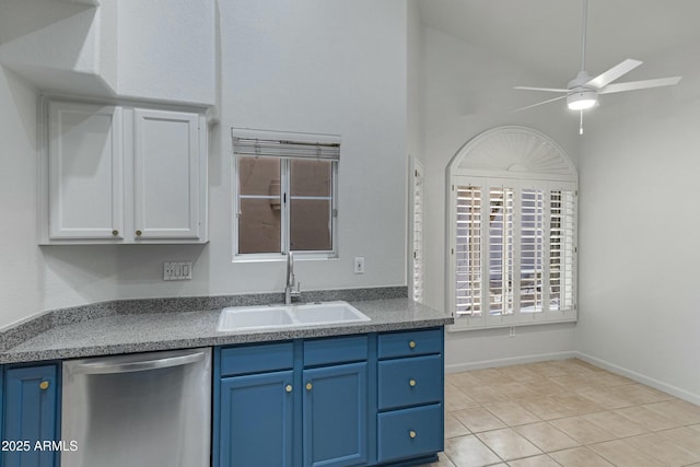 kitchen featuring a sink, a ceiling fan, blue cabinetry, dishwasher, and dark countertops