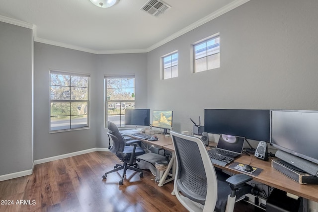 office featuring hardwood / wood-style floors and crown molding