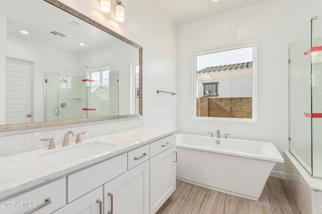 bathroom with shower with separate bathtub and vanity