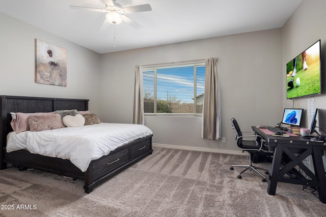 bedroom featuring a ceiling fan, baseboards, and carpet flooring