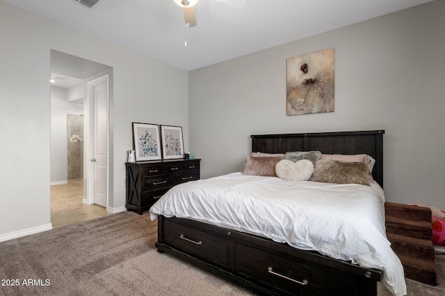 bedroom featuring baseboards, visible vents, a ceiling fan, and light colored carpet