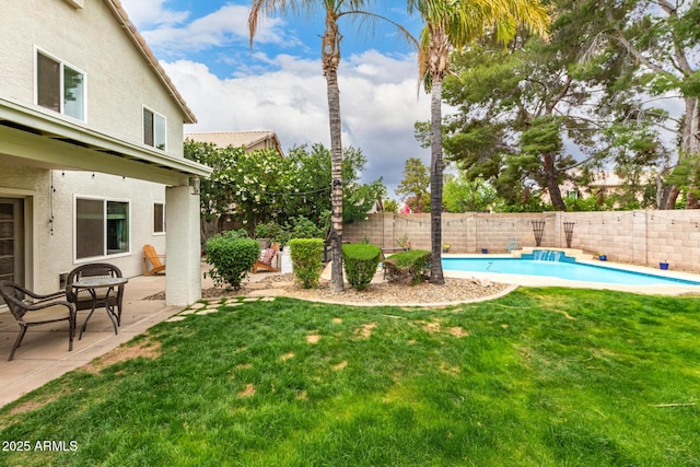 view of yard featuring a fenced backyard, a patio area, and a fenced in pool