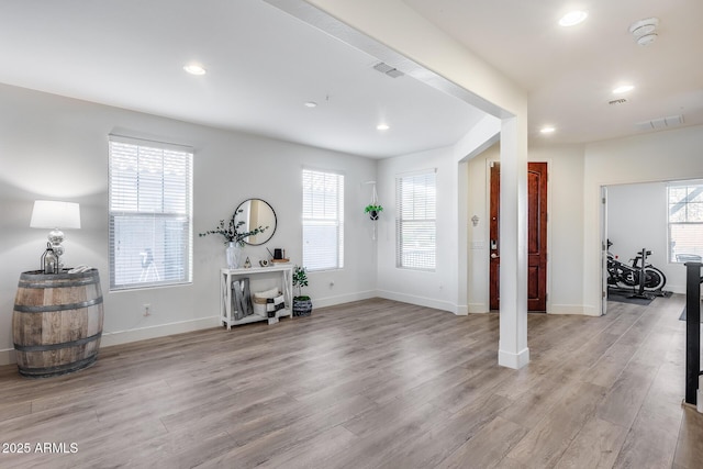 foyer entrance with a wealth of natural light and light hardwood / wood-style floors