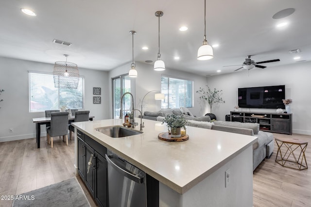 kitchen with pendant lighting, stainless steel dishwasher, an island with sink, and sink