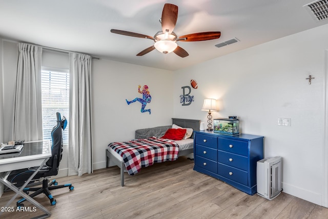 bedroom featuring ceiling fan and light hardwood / wood-style floors