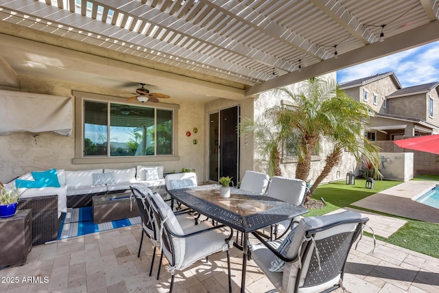 view of patio / terrace with a pergola, outdoor lounge area, and ceiling fan