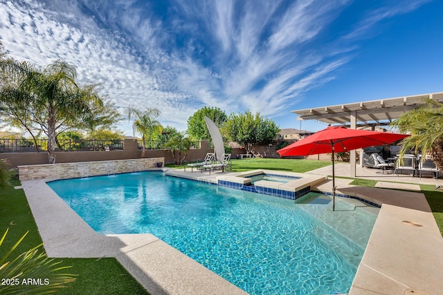 view of swimming pool with a pergola, a patio area, and an in ground hot tub