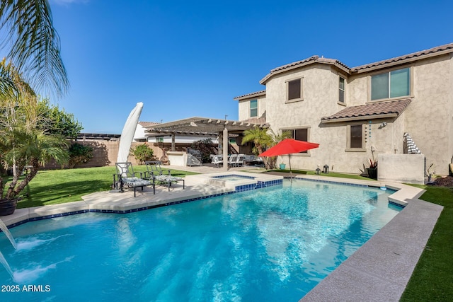 view of swimming pool with a yard, a pergola, a patio, and an in ground hot tub