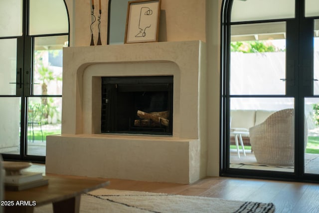 details with french doors and a glass covered fireplace